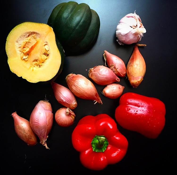 Roasted Squash with Shallots, Garlic, and Red Pepper